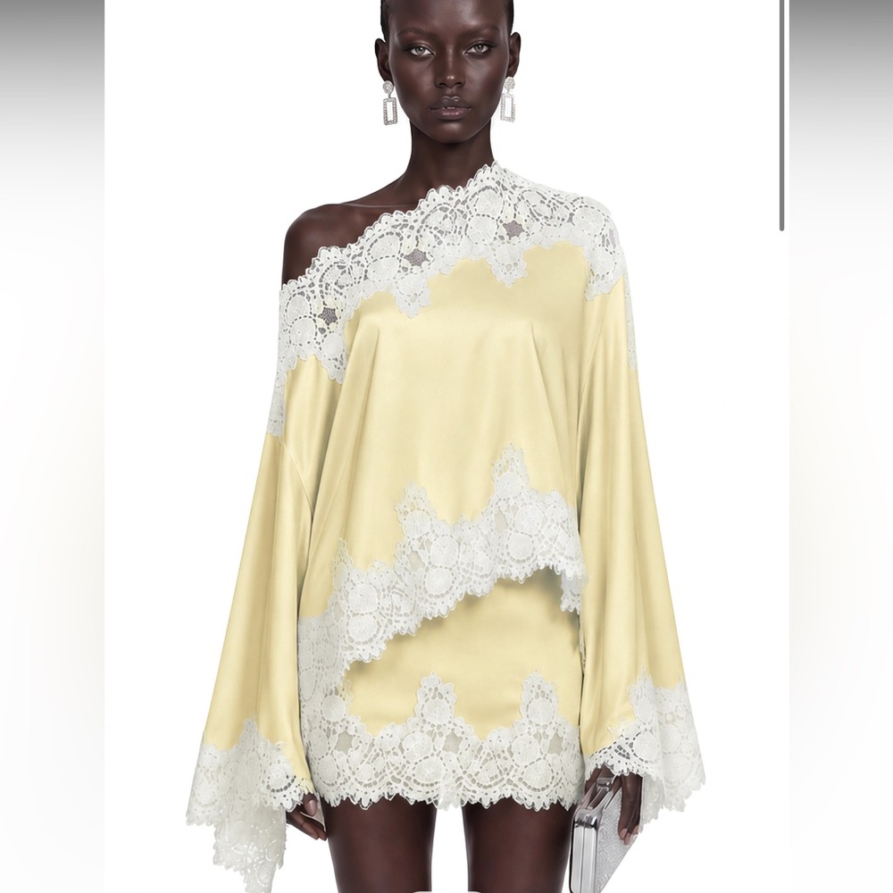 Sophia Yellow One Shoulder Top & Skirt Set with Lace Trim